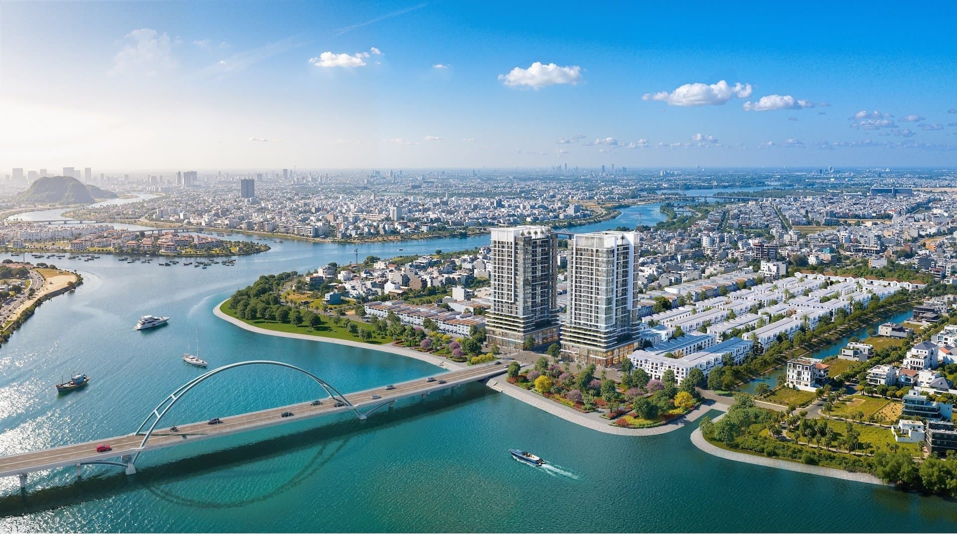 Phối cảnh tháp đôi S-Light Tower tại trung tâm Nam Đà Nẵng bên sông Hàn. Ảnh: Sun Property